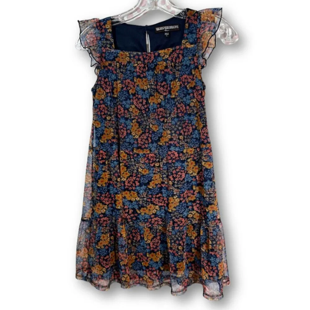 Three Pink Hearts Dress Girls L Floral Ruffle Knee Length Short Butterfly Sleeve